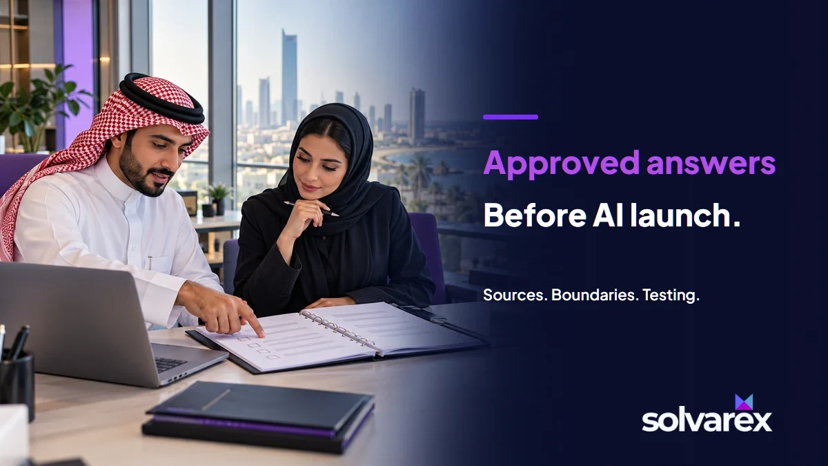 Illustrative Gulf team reviewing an approved FAQ binder before launching an AI assistant.