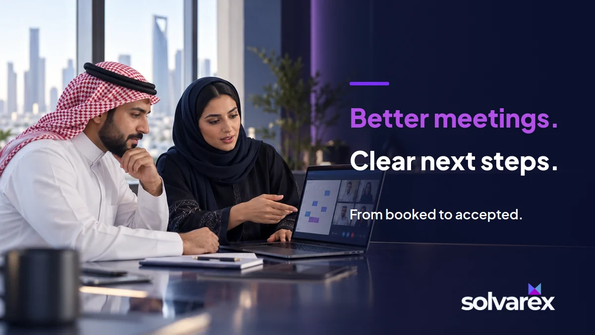 Gulf professionals preparing a sales video meeting beside the headline Better meetings. Clear next steps.