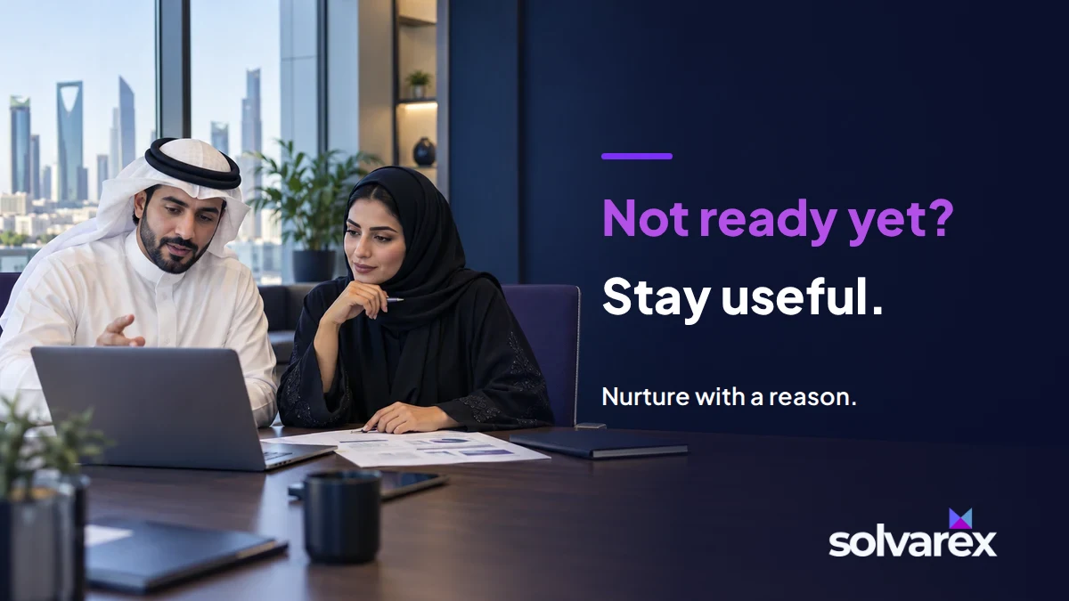 Gulf professionals reviewing a follow-up plan beside the headline Not ready yet? Stay useful.