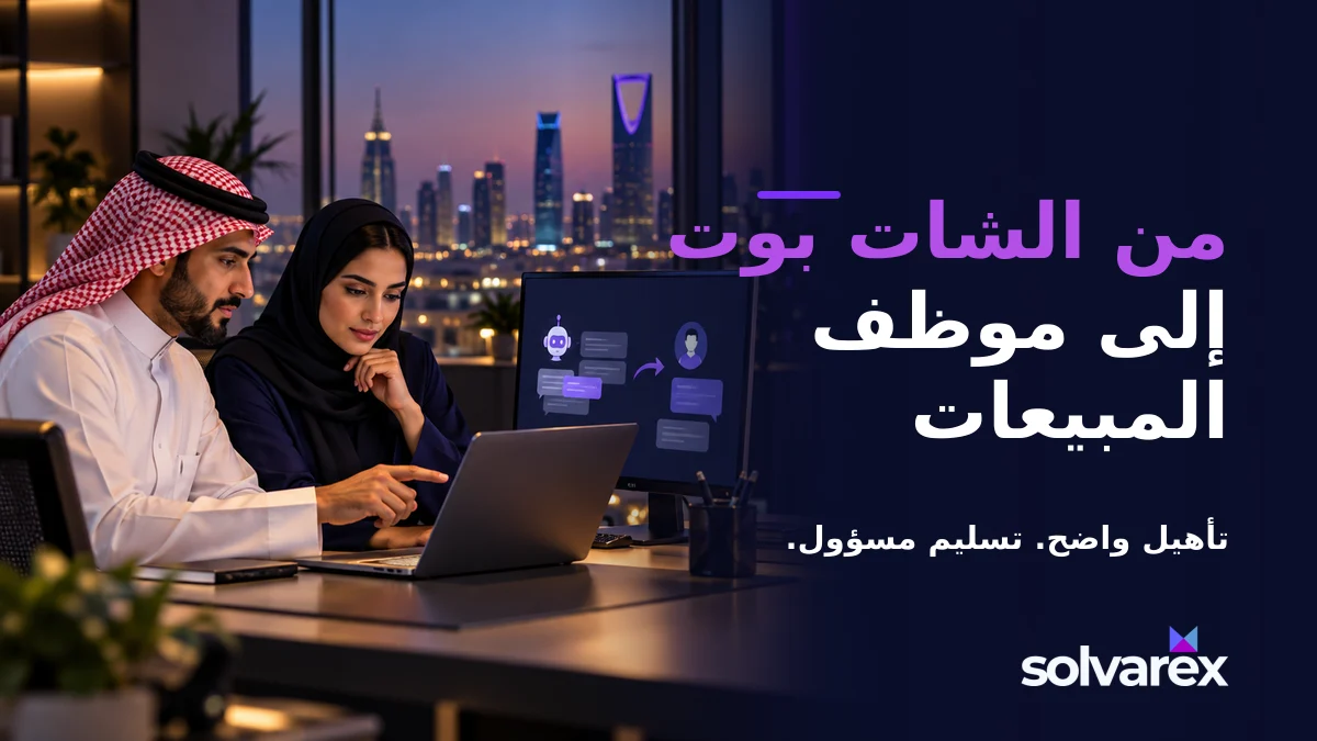 فريق مبيعات خليجي يراجع مسار تحويل من الشات بوت إلى الموظف بجانب عنوان من الشات بوت إلى موظف المبيعات.