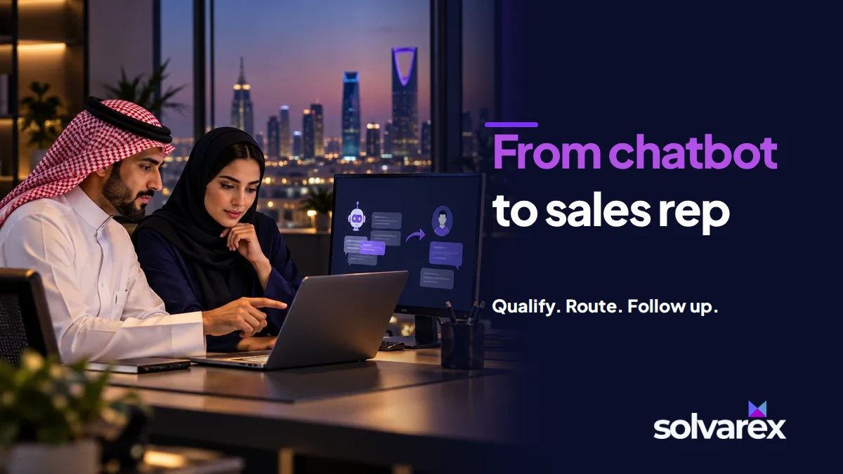 Gulf sales team reviewing a chatbot-to-human handoff workflow beside the headline From chatbot to sales rep.