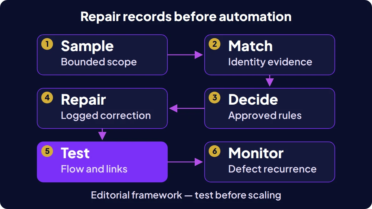CRM cleanup review sequence: sample, match, decide, repair, test and monitor