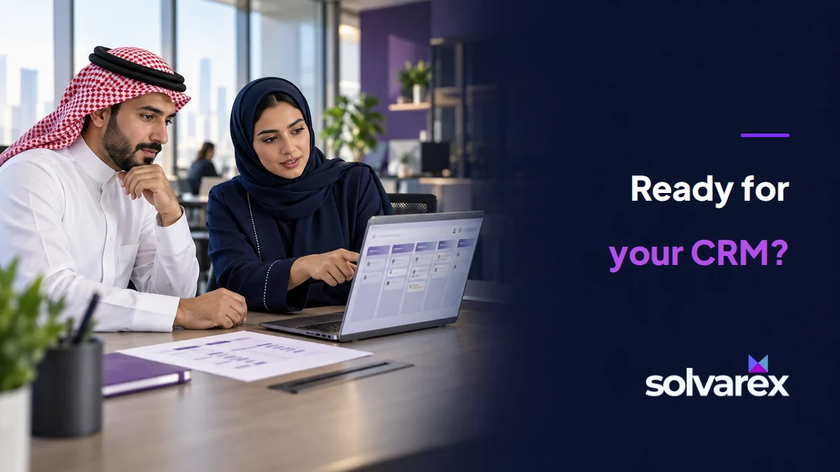 Illustrative Gulf sales manager and consultant reviewing a CRM pipeline, with the headline Ready for your CRM?