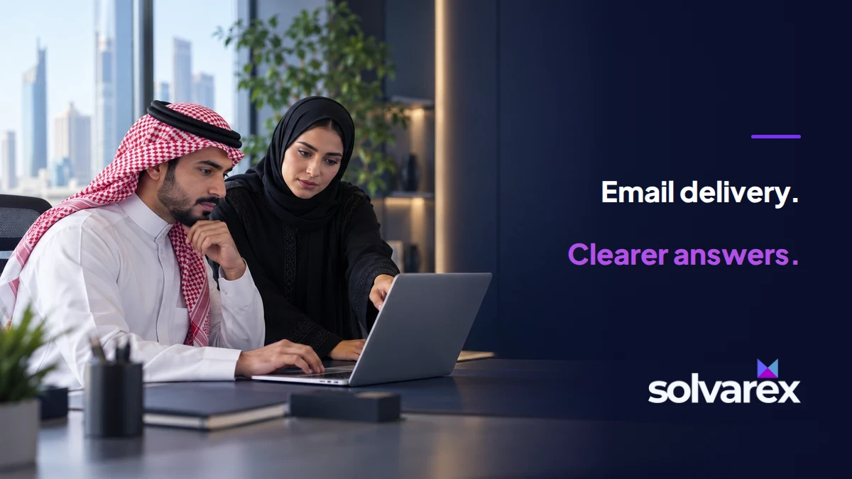Saudi business colleagues reviewing a laptop beside the headline Email delivery. Clearer answers.