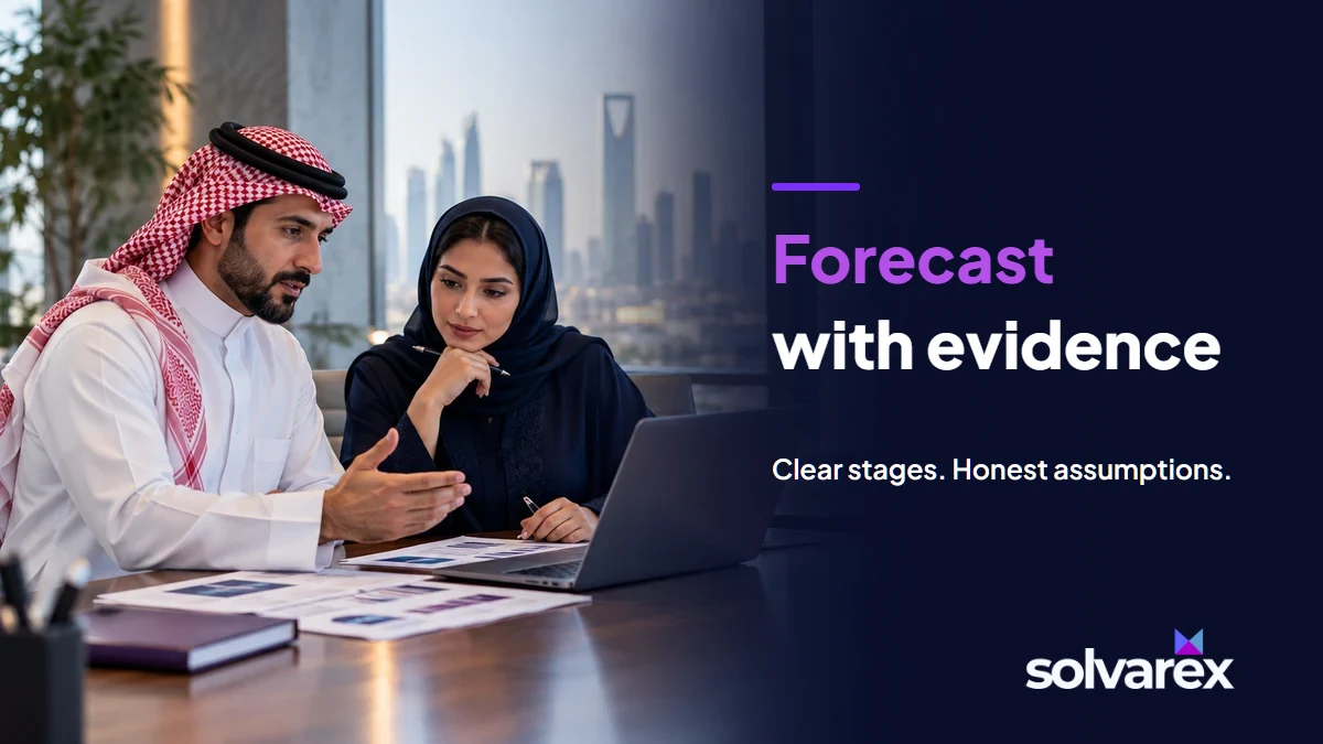 Illustrative Gulf sales team reviewing deal evidence beside the headline Forecast with evidence.