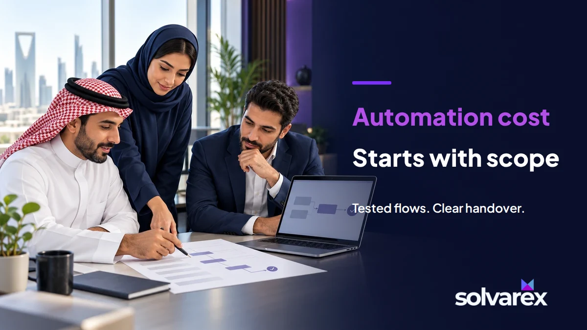 Gulf business team reviewing an automation scope worksheet beside the headline Automation cost starts with scope.